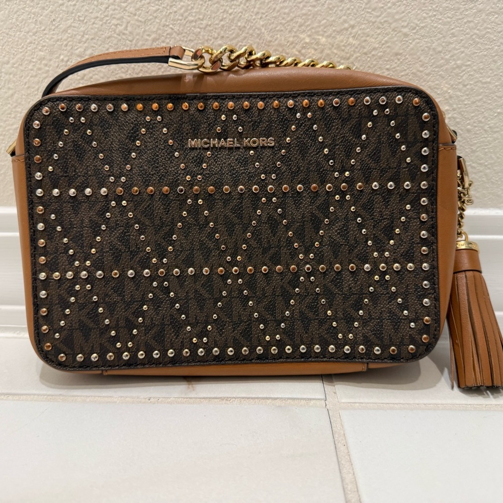 Michael Kors Brown and Gold Studded Crossbody Bag